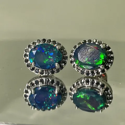 Beautiful  Natural Black Opal Earrings With Natural Black Diamond & 18k Gold