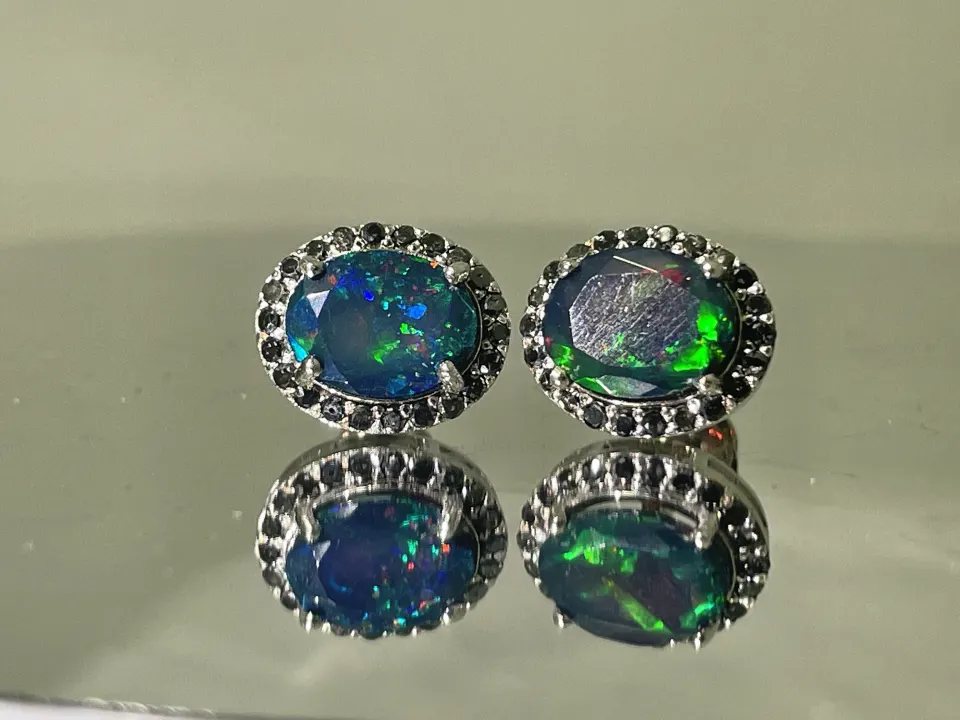 Beautiful  Natural Black Opal Earrings With Natural Black Diamond & 18k Gold