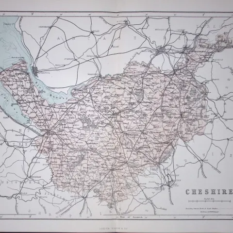 County Cheshire 150 Years-Old Coloured Antique 1875 Map-32