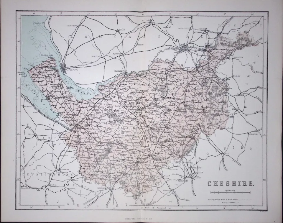 County Cheshire 150 Years-Old Coloured Antique 1875 Map-32