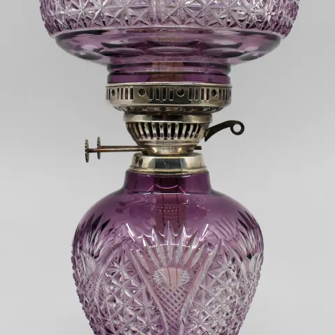 Very Fine English Cut Glass Amethyst Overlay Crystal Oil Lamp