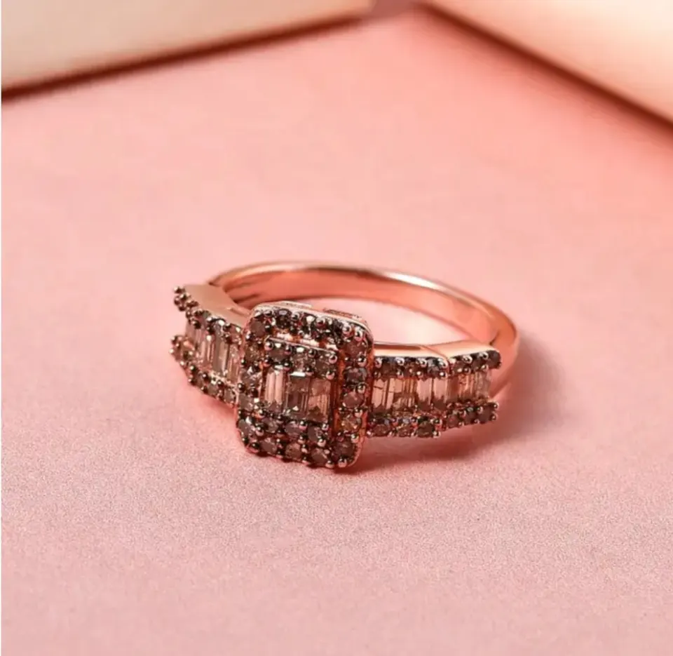 NEW! Natural Champagne Diamond Ring in 18K Vermeil Rose Gold Overlay Sterling Silver