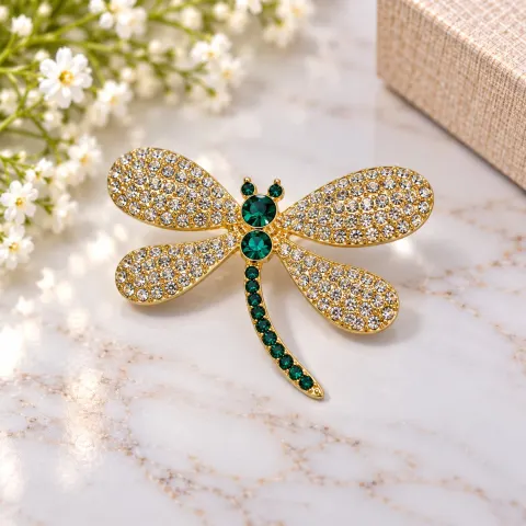 Gold Tone Dragonfly Brooch with Green & Clear Stones