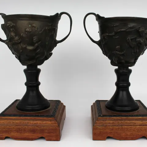 Pair of 19th c. Bronze Two Handled Urns
