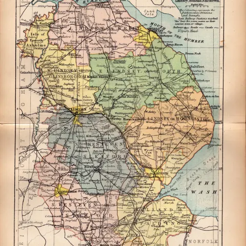 County Lincolnshire 1895 Antique Victorian Coloured Map.