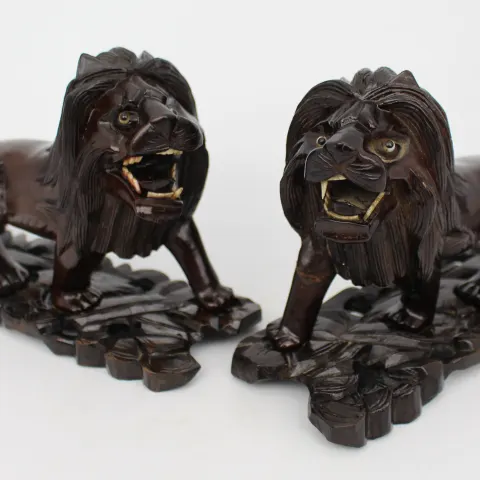 Pair of Antique African Carved Ironwood Lions c.1900