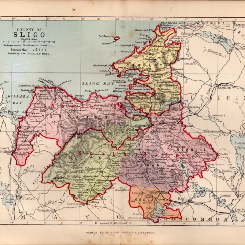 County of Sligo Ireland Antique Detailed 128 Years-Old  Coloured Victorian Map.