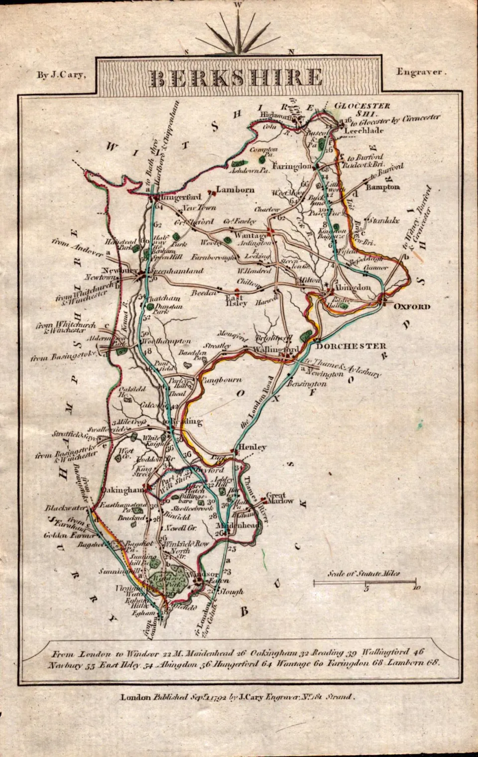 Berkshire John Cary’s c1791 Antique Coloured George III  Engraved Map.