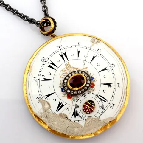 An Exquisite Necklace Made of Gold and Silver, Featuring An Antique Watch Dial Adorned With Precious