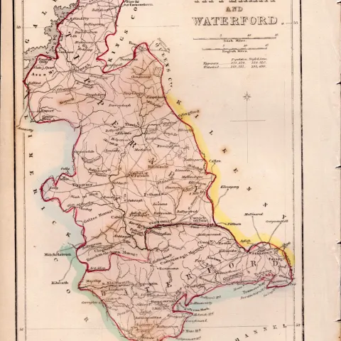 Tipperary & Waterford County 1850’s  Antique Map Mrs Hall Tour of Ireland.