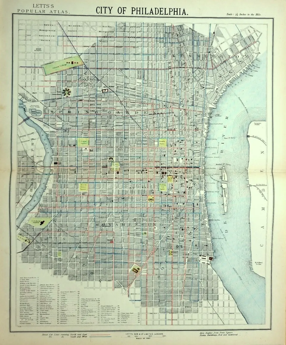City Of Philadelphia USA Victorian Letts 1883 Antique Coloured Map.