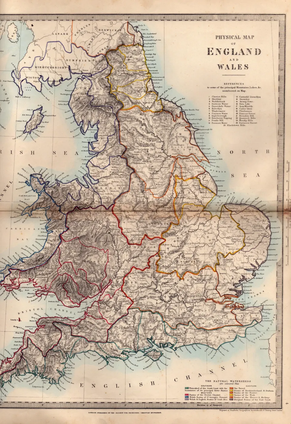 England & Wales Physical Antique Detailed Victorian c1850 Map.