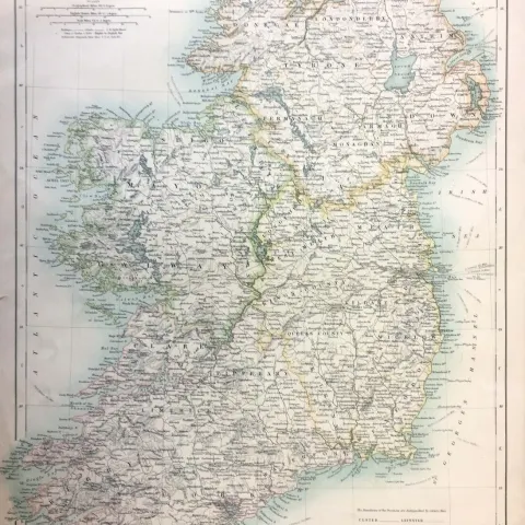 Antique Victorian Coloured Map of Ireland & Southern Scotland.