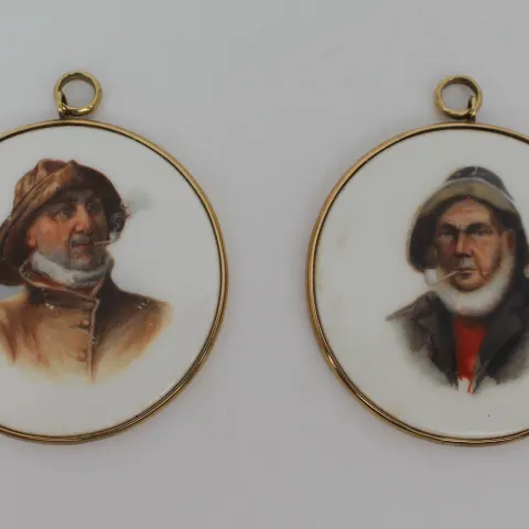 Pair of Antique Hand Painted Porcelain Plaques in 9ct Gold Surrounds