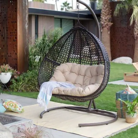 (7) RRP £499. Double Teardrop Hanging Egg Chair Grey. (Photo For Illustrative Purposes – Colour & S