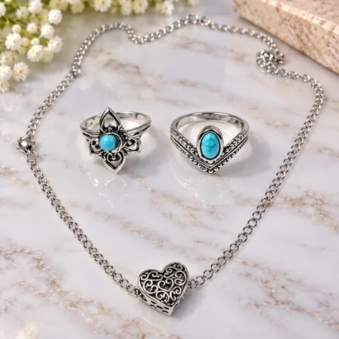 Silver-Tone Heart Necklace & Two Turquoise-Style Rings