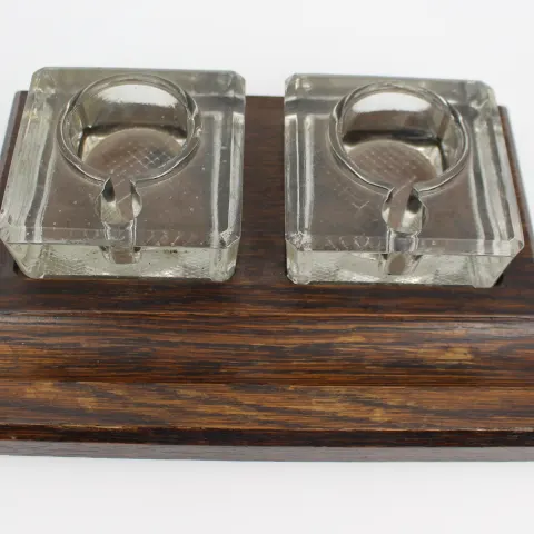 Early 20th Century Double Inkwell on Wooden Stand