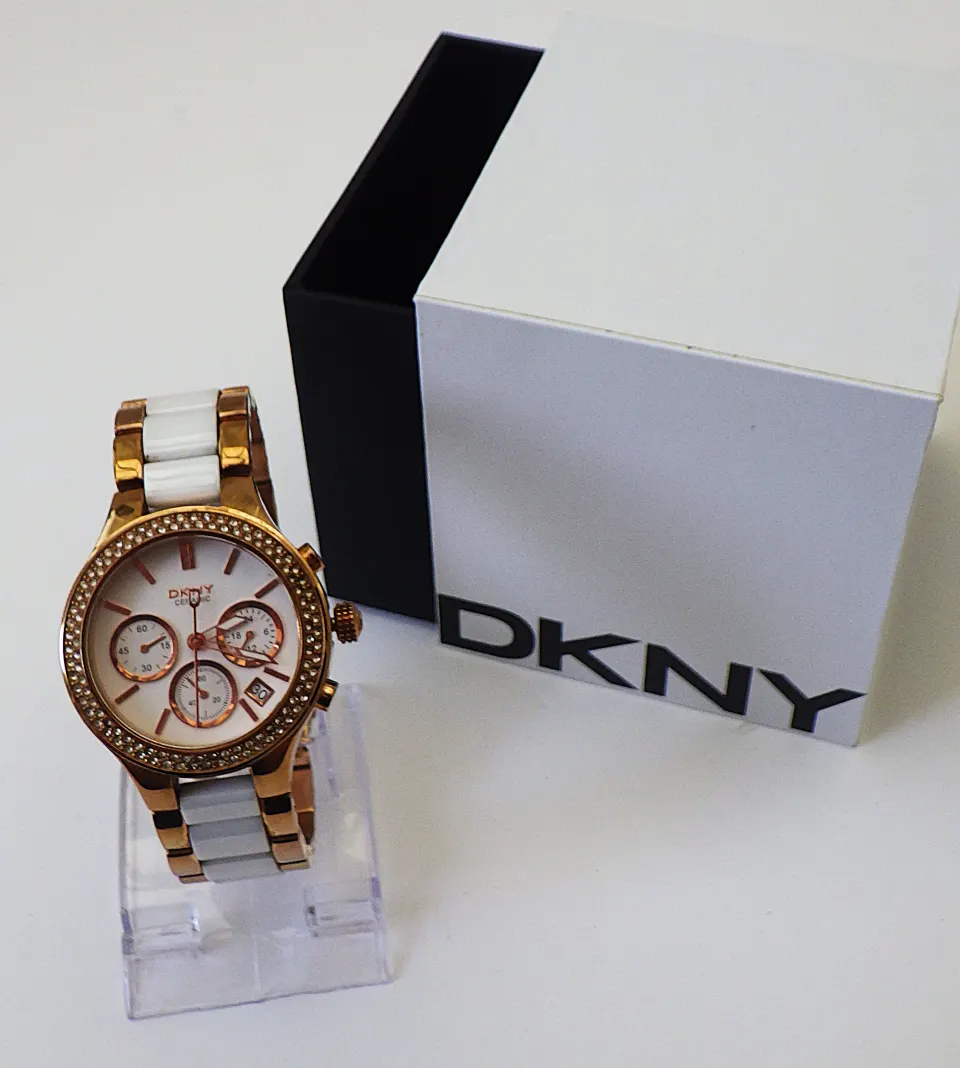 A Rose Gold Plated Ceramic DKNY Watch Original Box and Papers