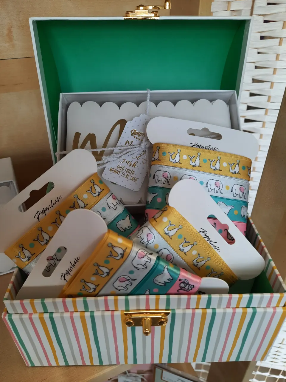 Keepsake Box from Paperchase, plus packs of baby ribbons and Mummy to be Sash RRP over £60
