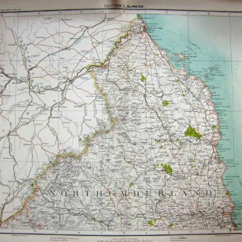 Victorian 1897 Map  Northumberland, Alnwick, Holy Island, Berwick, Blyth.