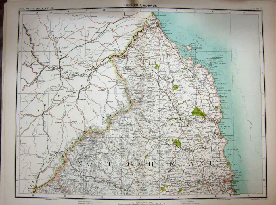 Victorian 1897 Map  Northumberland, Alnwick, Holy Island, Berwick, Blyth.