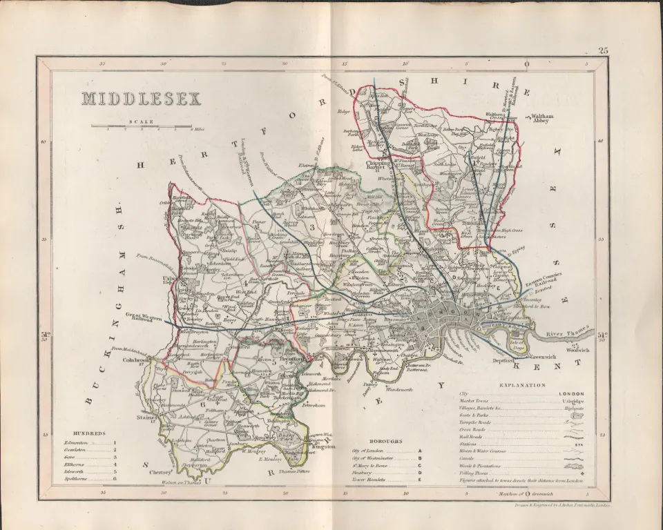 Middlesex 1850 Antique Steel Engraved Map Thomas Dugdale.