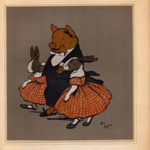 Cecil Aldin Merry Party Antique Book Plate “Pig & Guests At the Dance”.