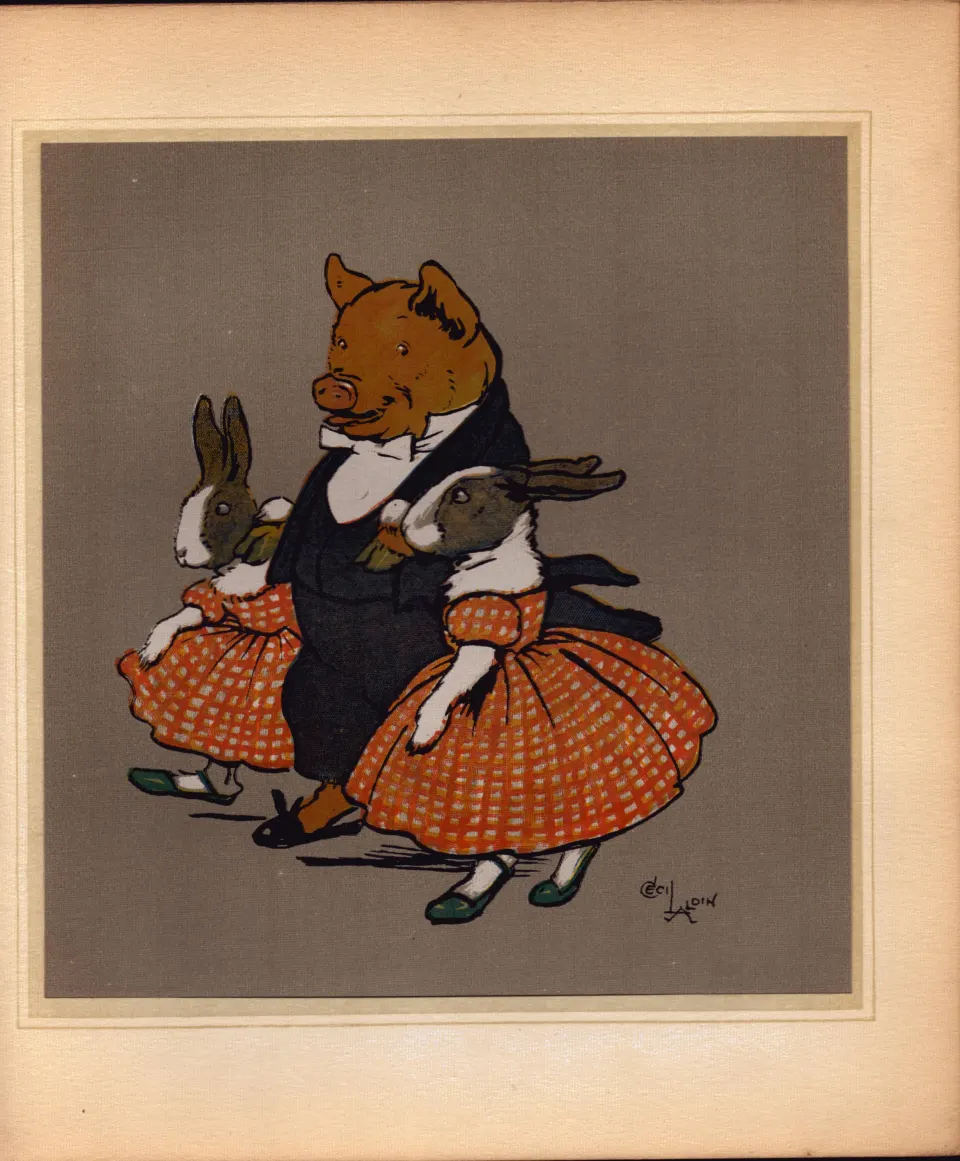 Cecil Aldin Merry Party Antique Book Plate “Pig & Guests At the Dance”.