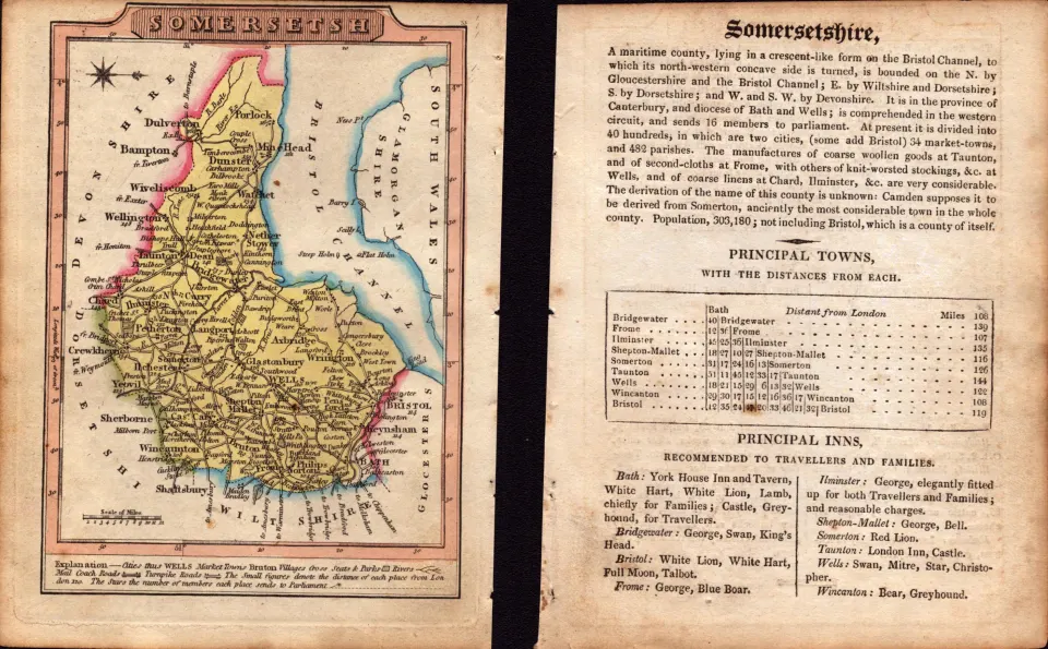Somersetshire Engraved Hand Coloured George IV Antique Map & Text.
