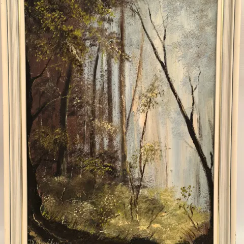 Framed Vintage Art Oil Painting on Canvas Woodland Scene Signed Lower Left