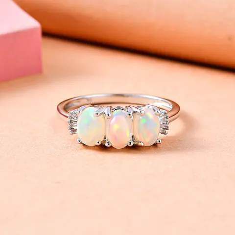 NEW! 9K White Gold AA Ethiopian Opal and Diamond Trilogy Ring