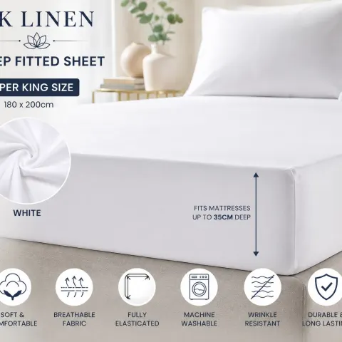 UK Linen Deep Fitted Sheet Super King White Extra Deep Soft Hotel Quality Bedding