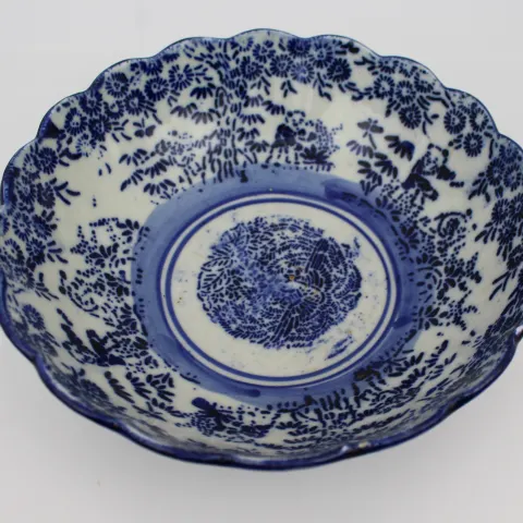 19th-Century Blue and White Transferware Bowl – Floral and Figure Design