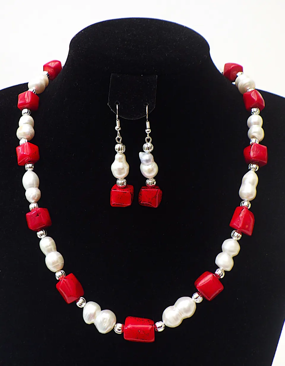 Necklace & Earrings Set With Rare Twin Natural Pearls and Genuine Red Coral
