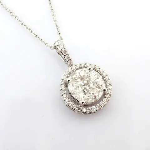 18K white gold necklace detailed with baguette and brilliant diamonds