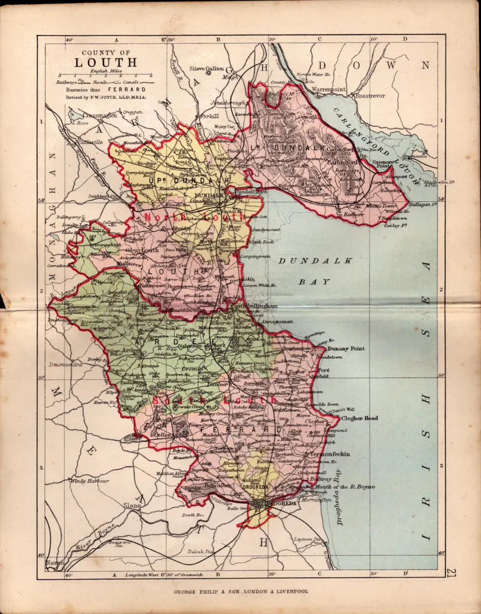 County of Louth Ireland Antique Detailed Coloured Victorian Map.