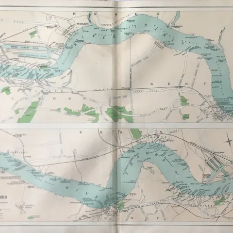 Bacons Rare Vintage London Suburbs The River Thames Showing Wharves Map.