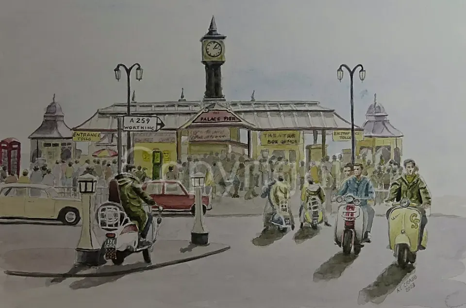 Mod Outside Brighton Pier Nostalgic 1960's Scene Metal Wall Art