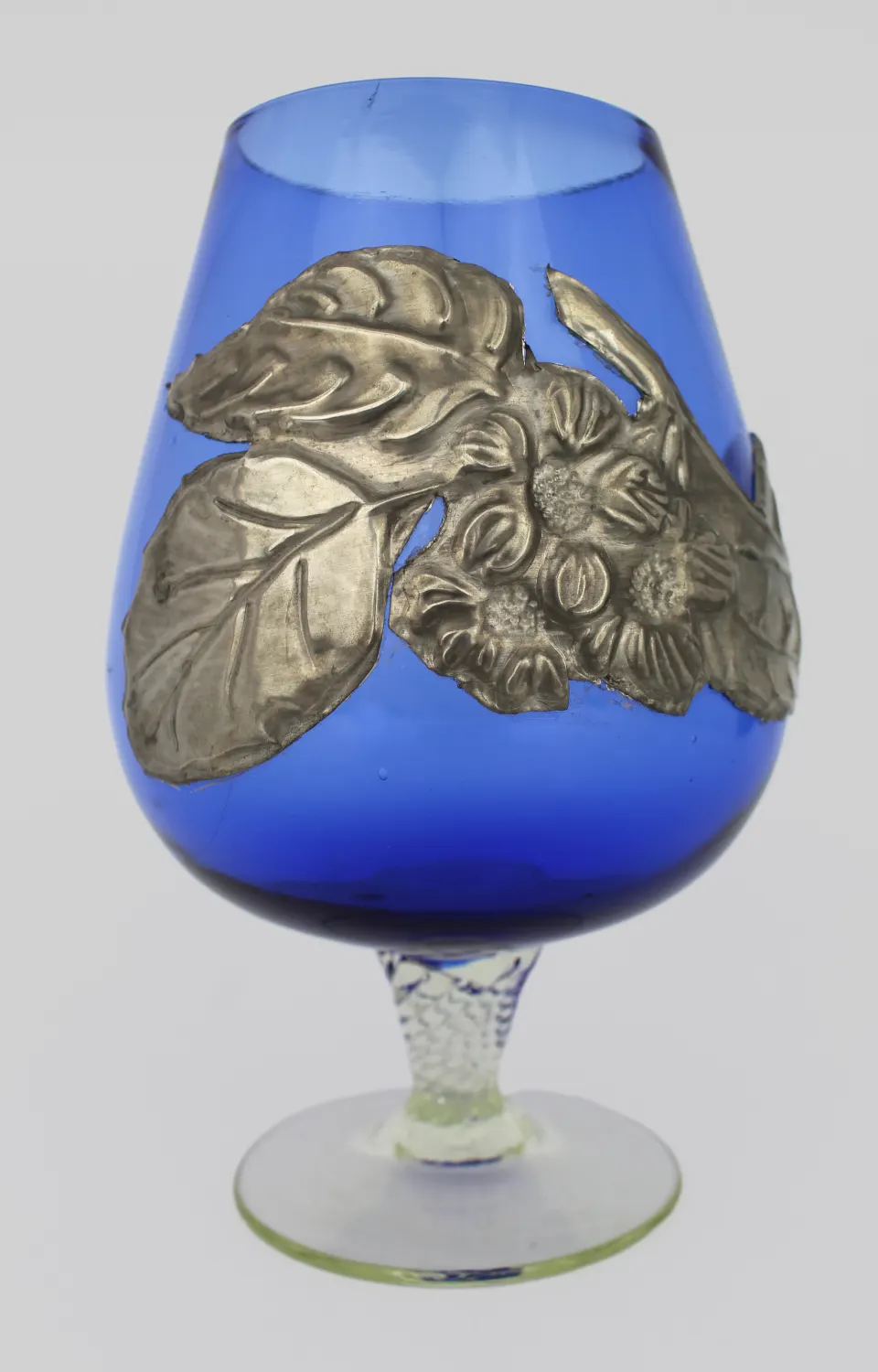 Antique Blue Glass Goblet with Pewter Mounts, Art Nouveau, c.1900