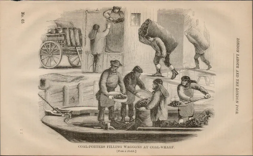 London Gang Coal Porters Victorian  1864 Henry Mayhew Print.