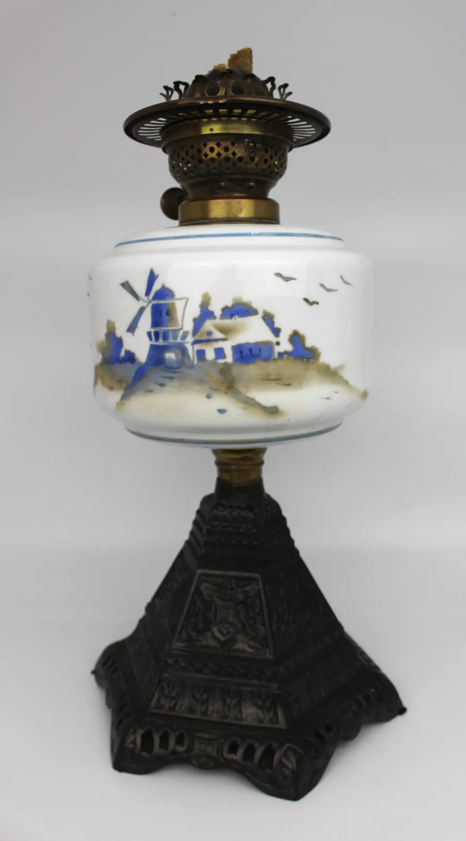 Vintage Oil Lamp with Hand Painted Windmill Font
