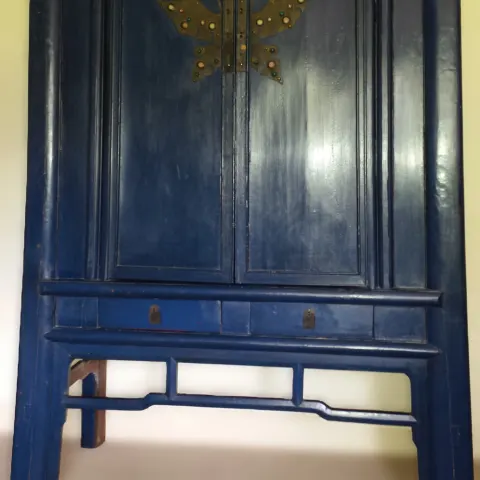 Antique Chinese Blue Lacquer Marriage Cupboard
