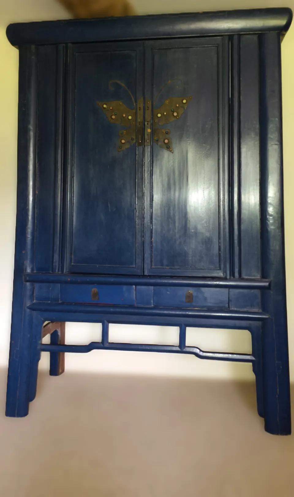 Antique Chinese Blue Lacquer Marriage Cupboard