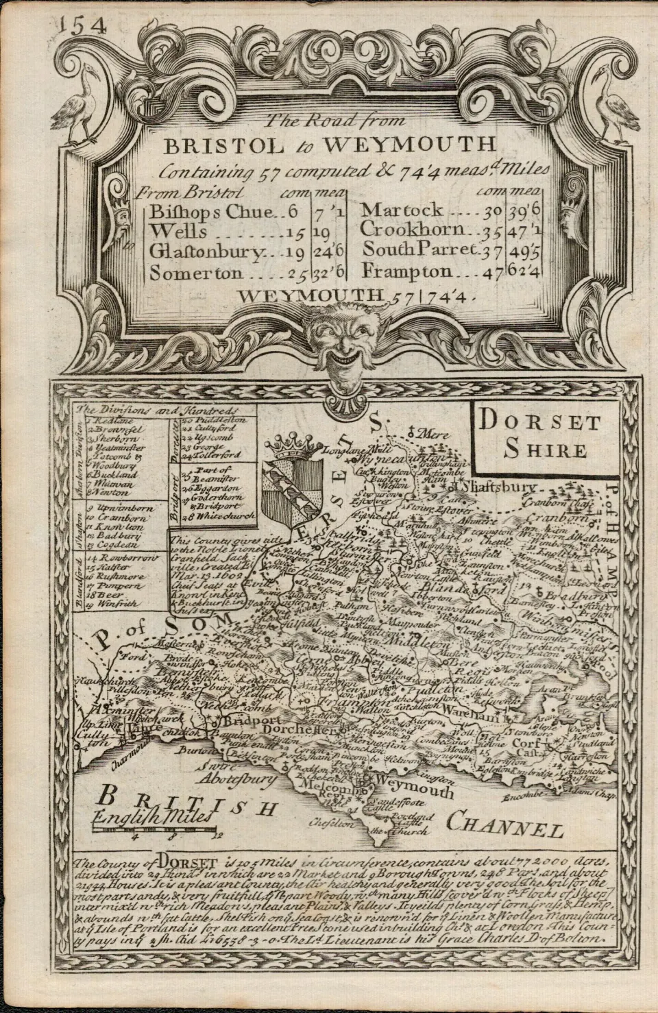 Britannia Depicta E Bowen c1730 Map Dorsetshire Dorchester Warehan Weymouth.