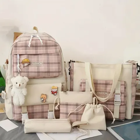 Chic Plaid 5pcs Backpack Set For Women - Stylish, Functional & Perfect For School Or Travel