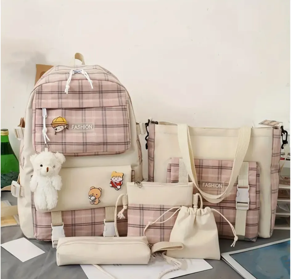 Chic Plaid 5pcs Backpack Set For Women - Stylish, Functional & Perfect For School Or Travel