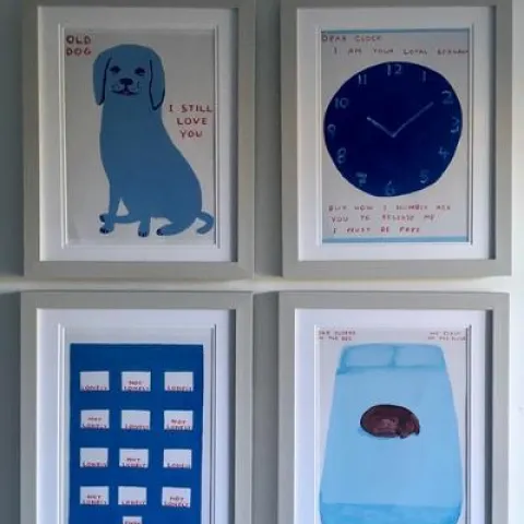 David Shrigley OBE (b 1968) ‘Happy Dogs’, Four Humorous Wall Hangings, Animal Thoughts, 2020