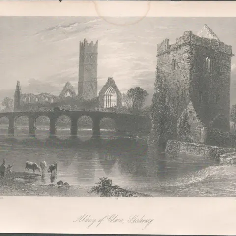 Antique Steel Engraving 1850s Abbey Of Clare Galway