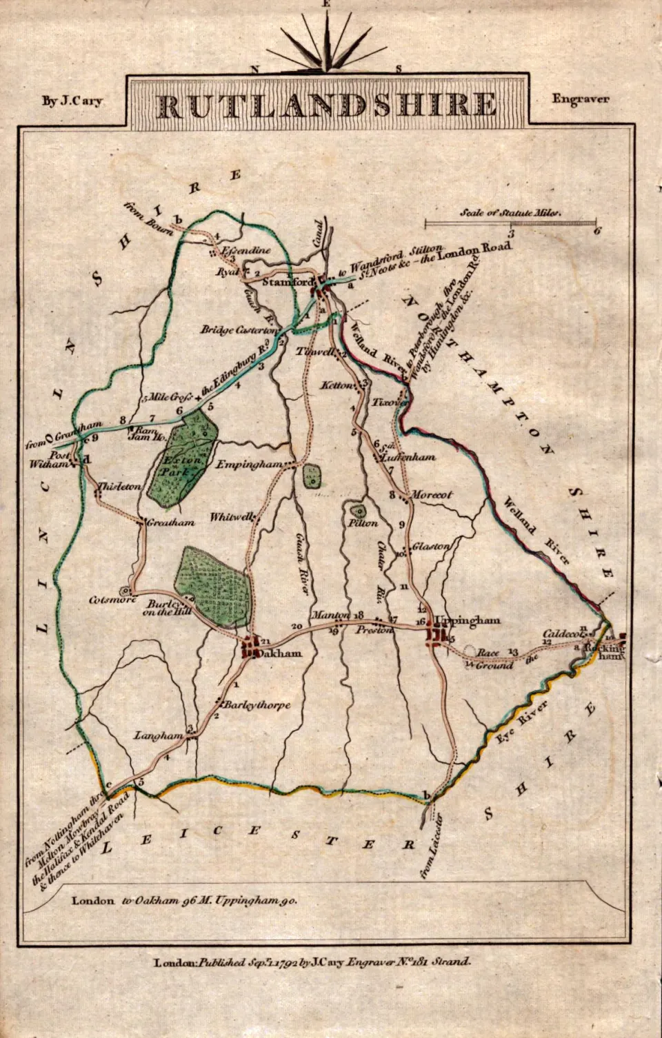 East Midlands John Cary’s 1792 Antique Coloured Engraved Map.