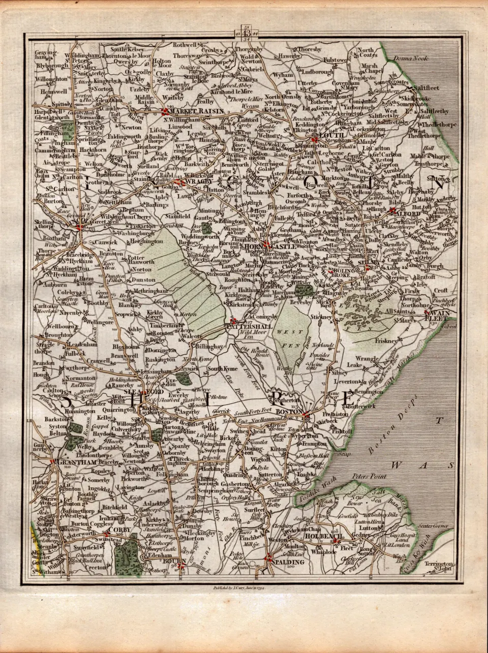 Lincolnshire Lincoln, Grantham, Boston, John Careys Antique 230 Years-Old  1794 Map.